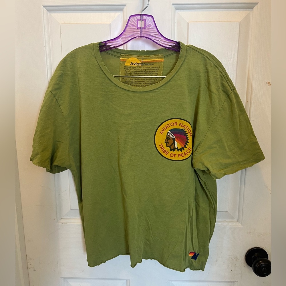 🌈 RARE EUC Aviator Nation Unisex Distressed Green Tribe of Peace Tee - Sz Large